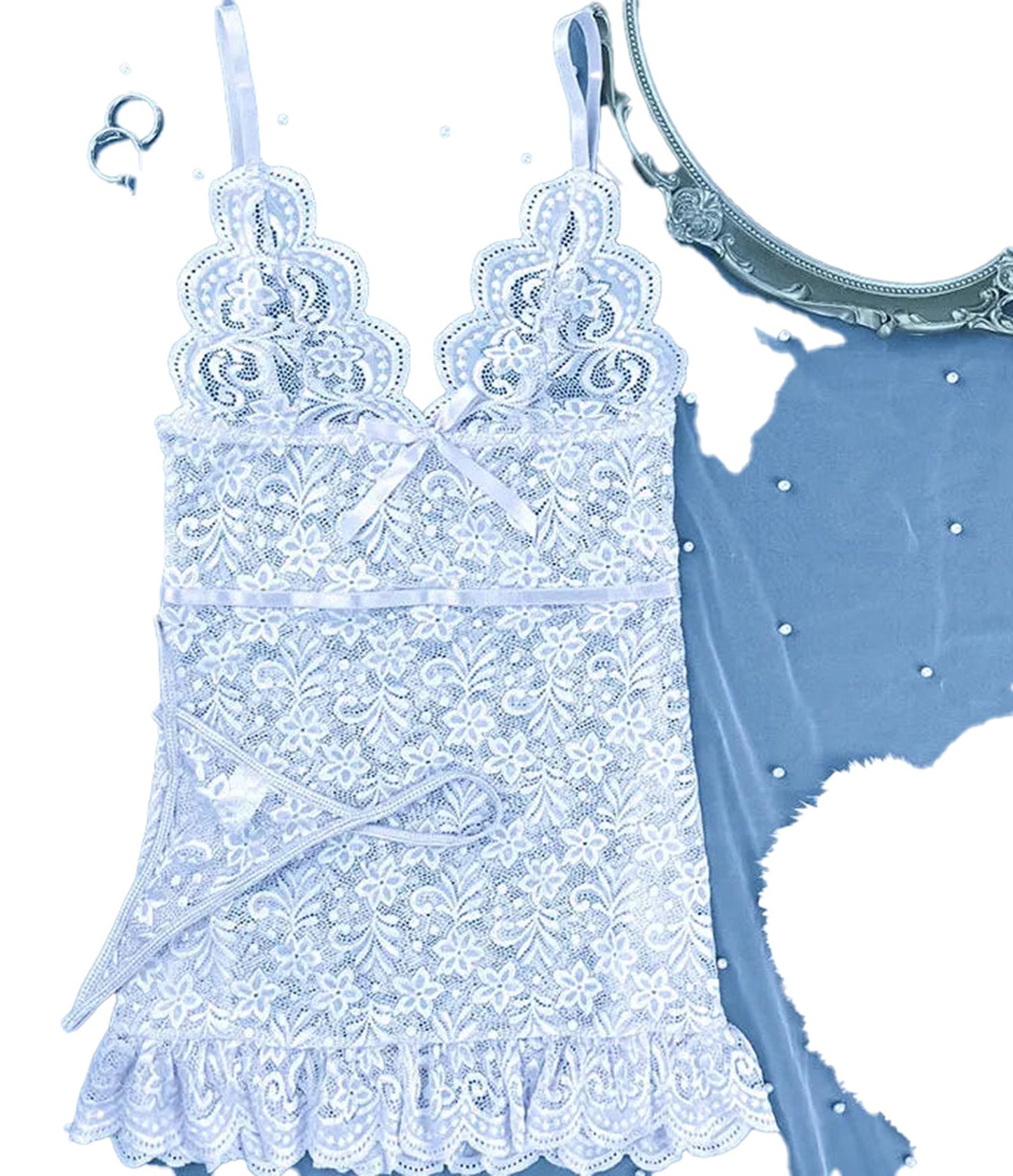 LuckeLadybug LLC sexy lace mini dress for women in light blue with scalloped neckline and ribbon details