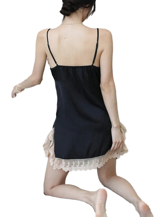 Elegant black chemise with lace trim, perfect for a sexy lace pink nightgown look by LuckeLadybug LLC