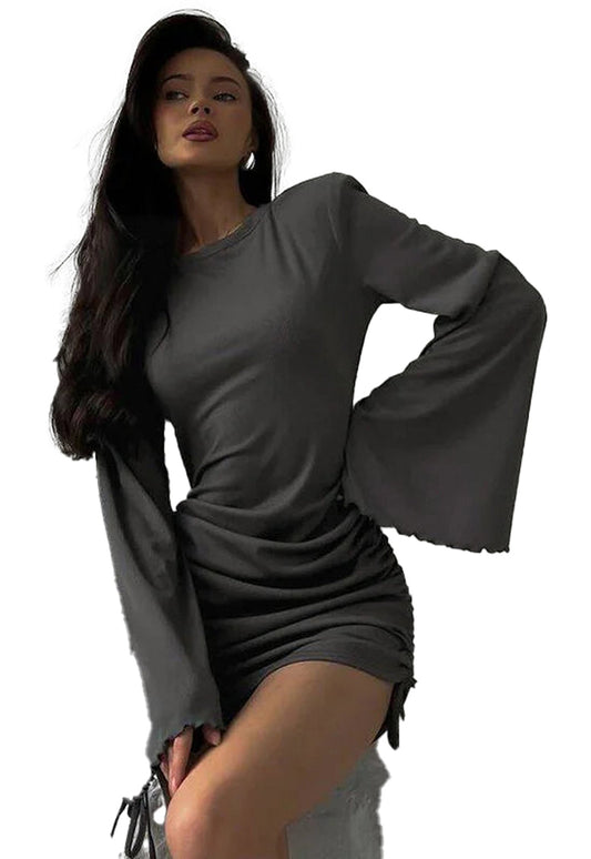 LuckeLadybug LLC sexy mini dress for women in gray with flared sleeves and ruched side details