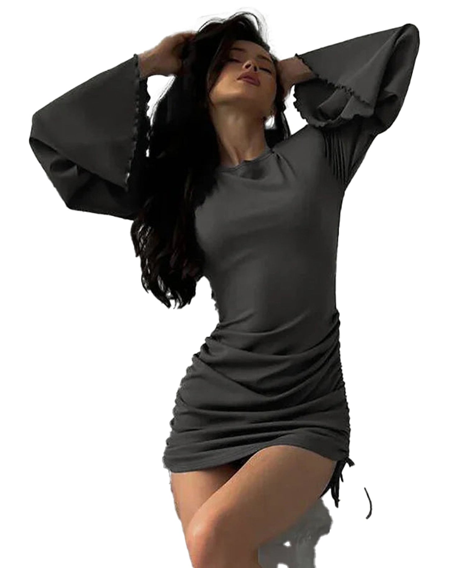 LuckeLadybug LLC sexy mini dress for women with bell sleeves and adjustable side ruching in gray