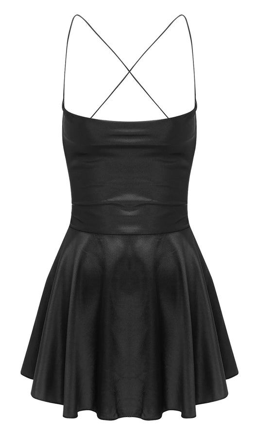 Black sexy satin mini dress for women with spaghetti straps and flared skirt