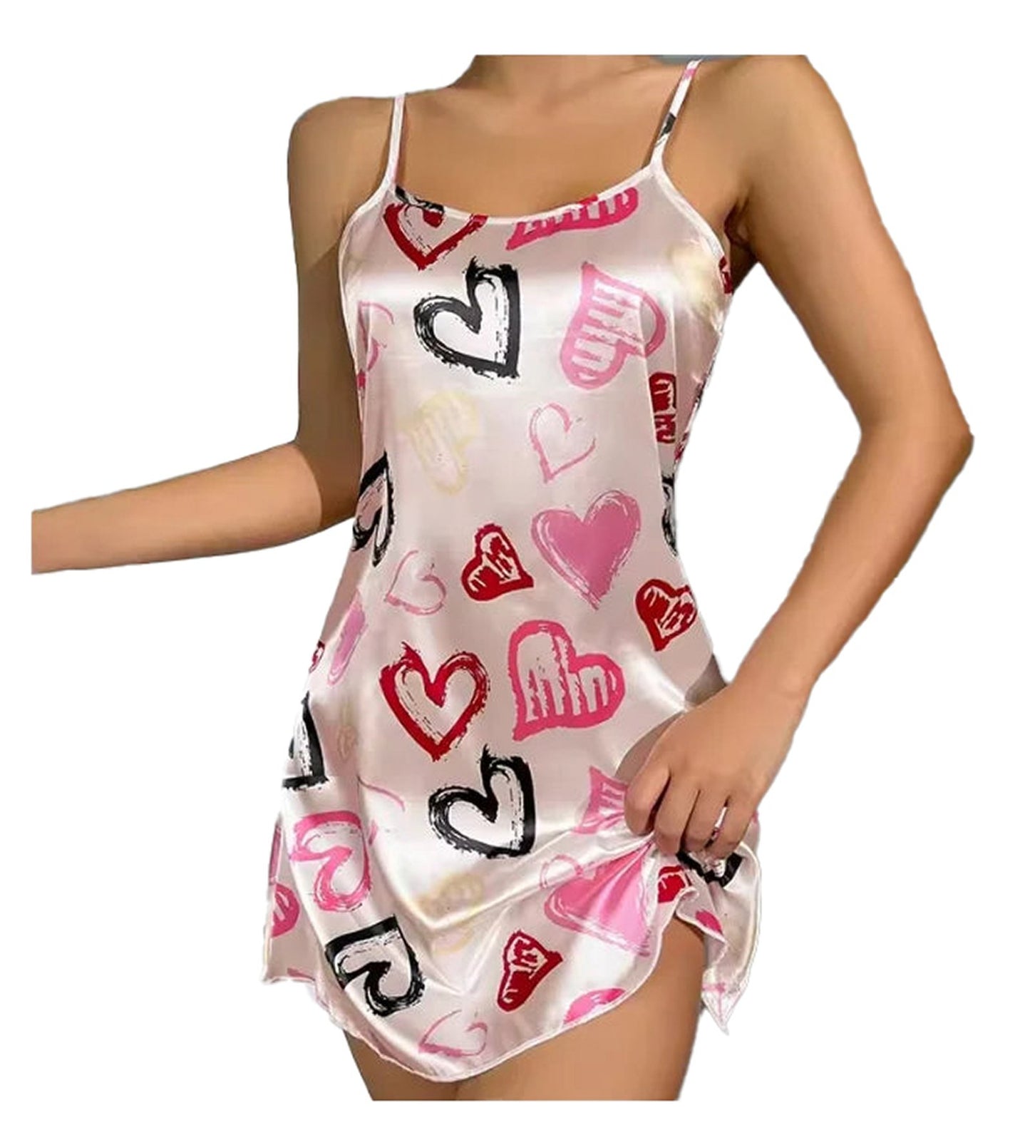 Sexy women's nightdress with heart patterns in pink and black for a romantic evening look