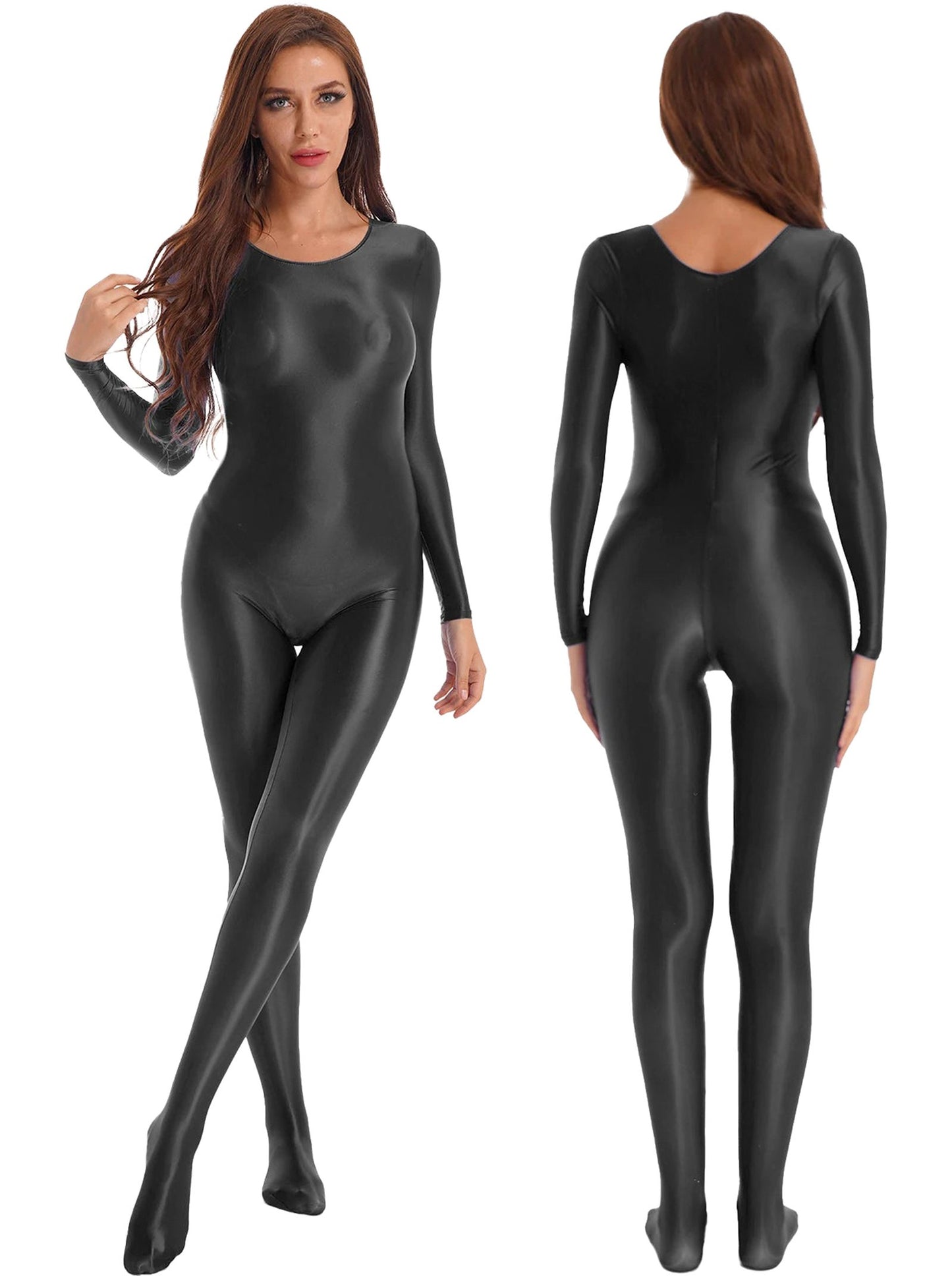 Shiny full body pantyhose jumpsuit by LuckeLadybug LLC featuring long sleeves and a sleek fit