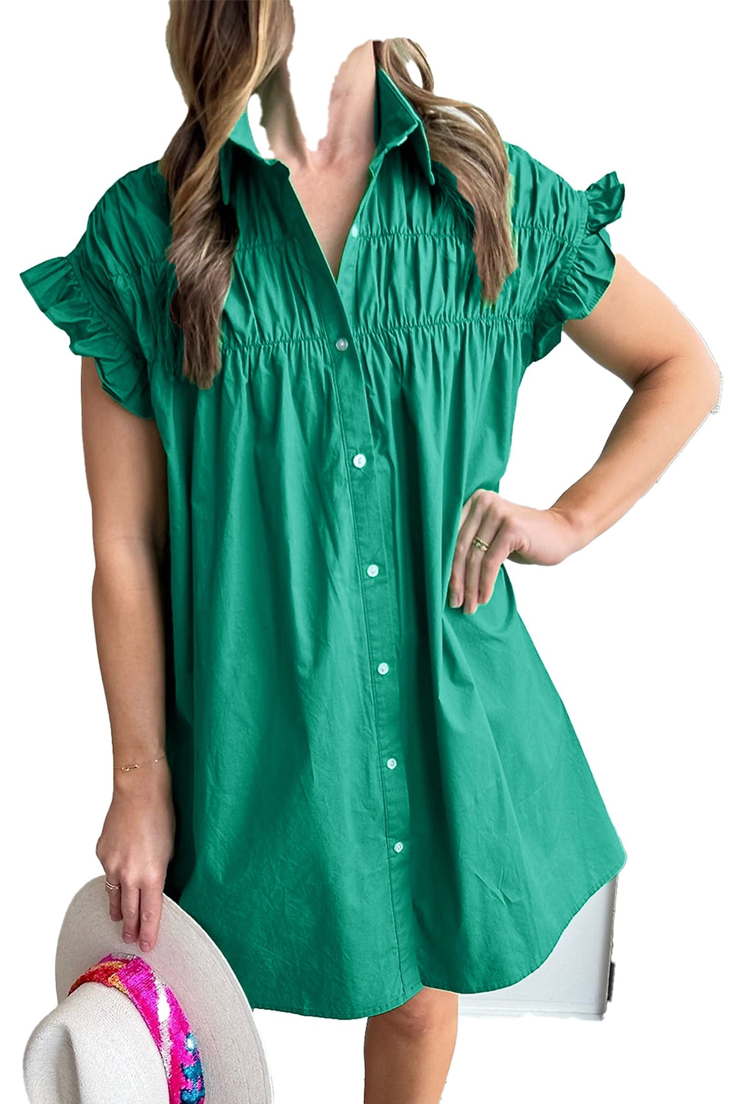 LuckeLadybug model wearing bright green ruffle sleeve dress button front H line mini with gathered yoke and collar