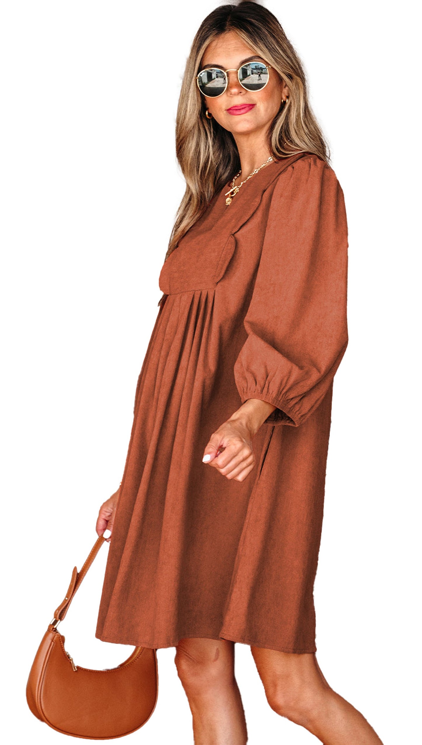 LuckeLadybug corduroy mini dress for women in rust brown with puff sleeves empire pleats and matching handbag