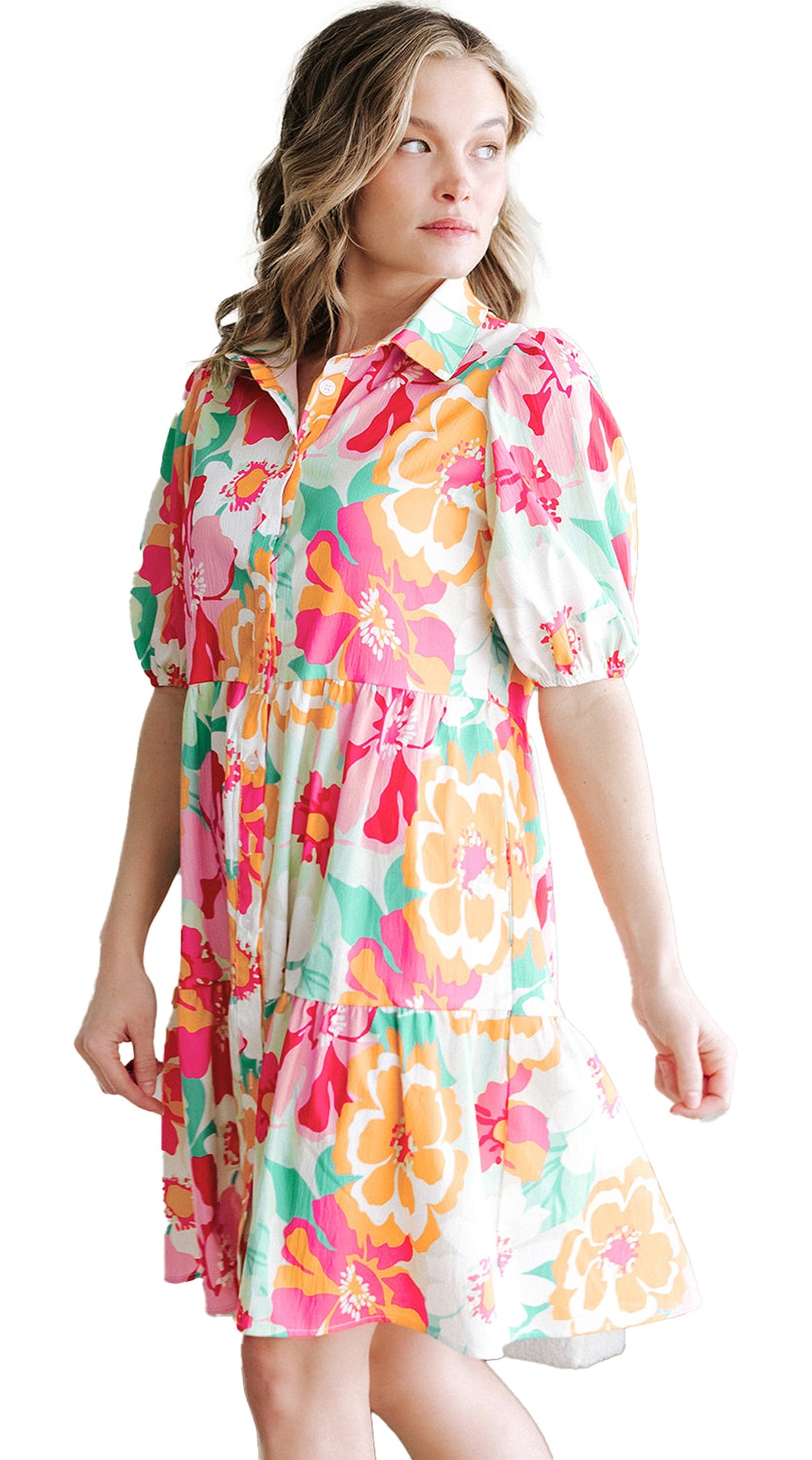 LuckeLadybug A line green floral babydoll dress with collared neckline puff sleeves and tiered skirt