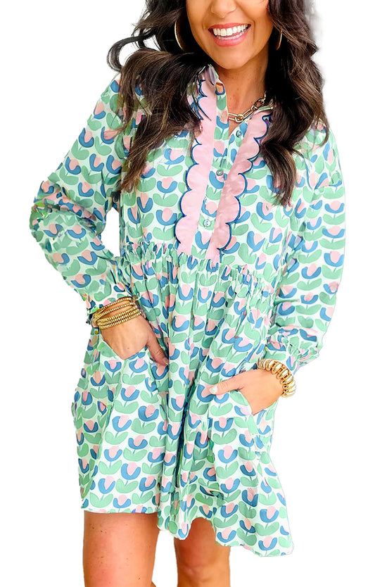LuckeLadybug green floral print mini dress long sleeve with pink scallop placket pockets above knee