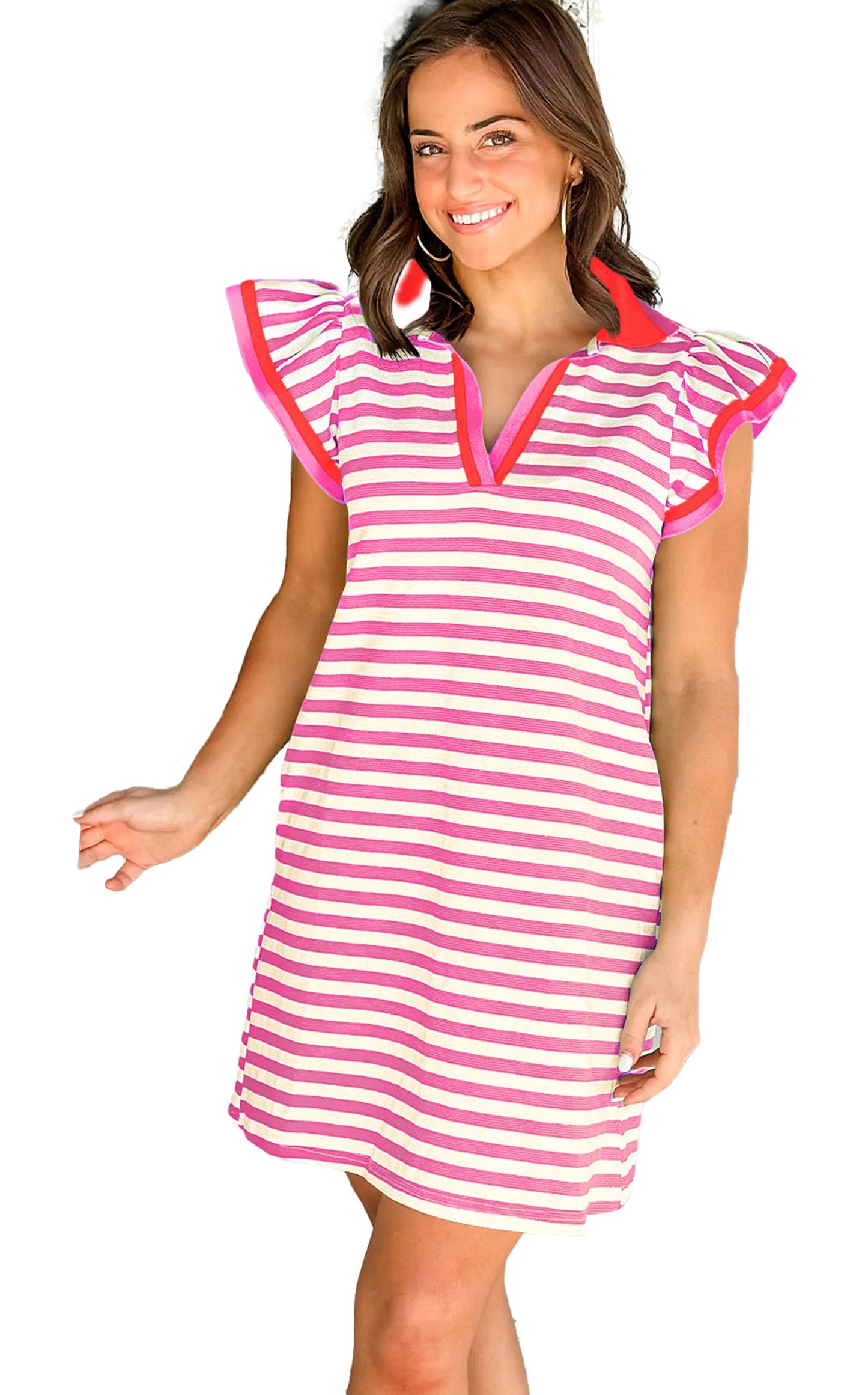 Model wearing LuckeLadybug pink stripe flutter sleeve dress with v neckline contrast trim and casual H Line silhouette