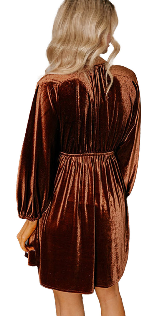 LuckeLadybug velvet v neck mini dress in rust brown with long sleeves and gathered waist back view