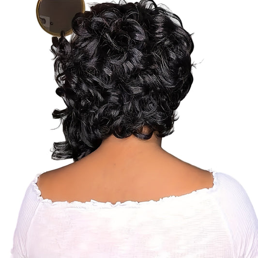 Back view of a short afro curly bob wig in dark color, highlighting its full, bouncy curls