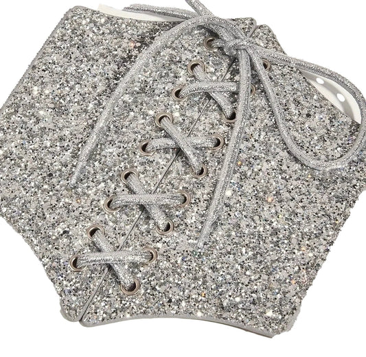 Silver corset belt for women featuring sparkling glitter detail and adjustable lacing