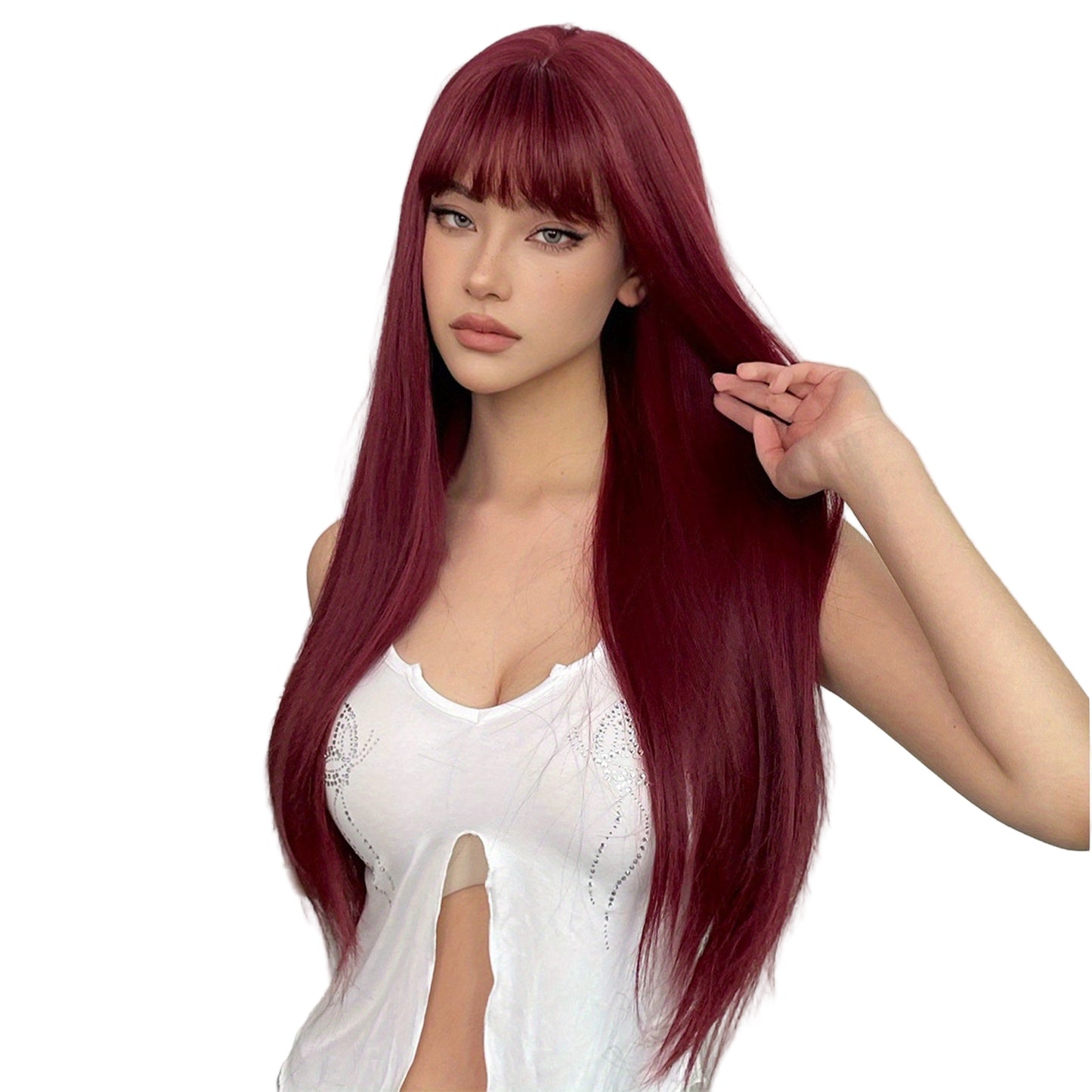 Silvery grey long straight wig by LuckeLadybug LLC featuring smooth, sleek strands for a stylish look