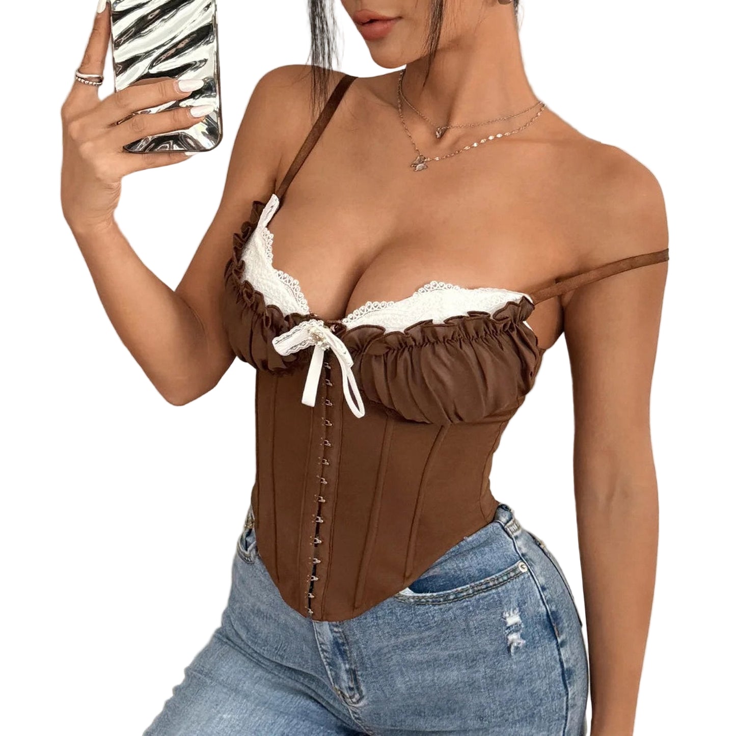 Brown sexy mesh corset top with lace trim and adjustable straps for a chic look
