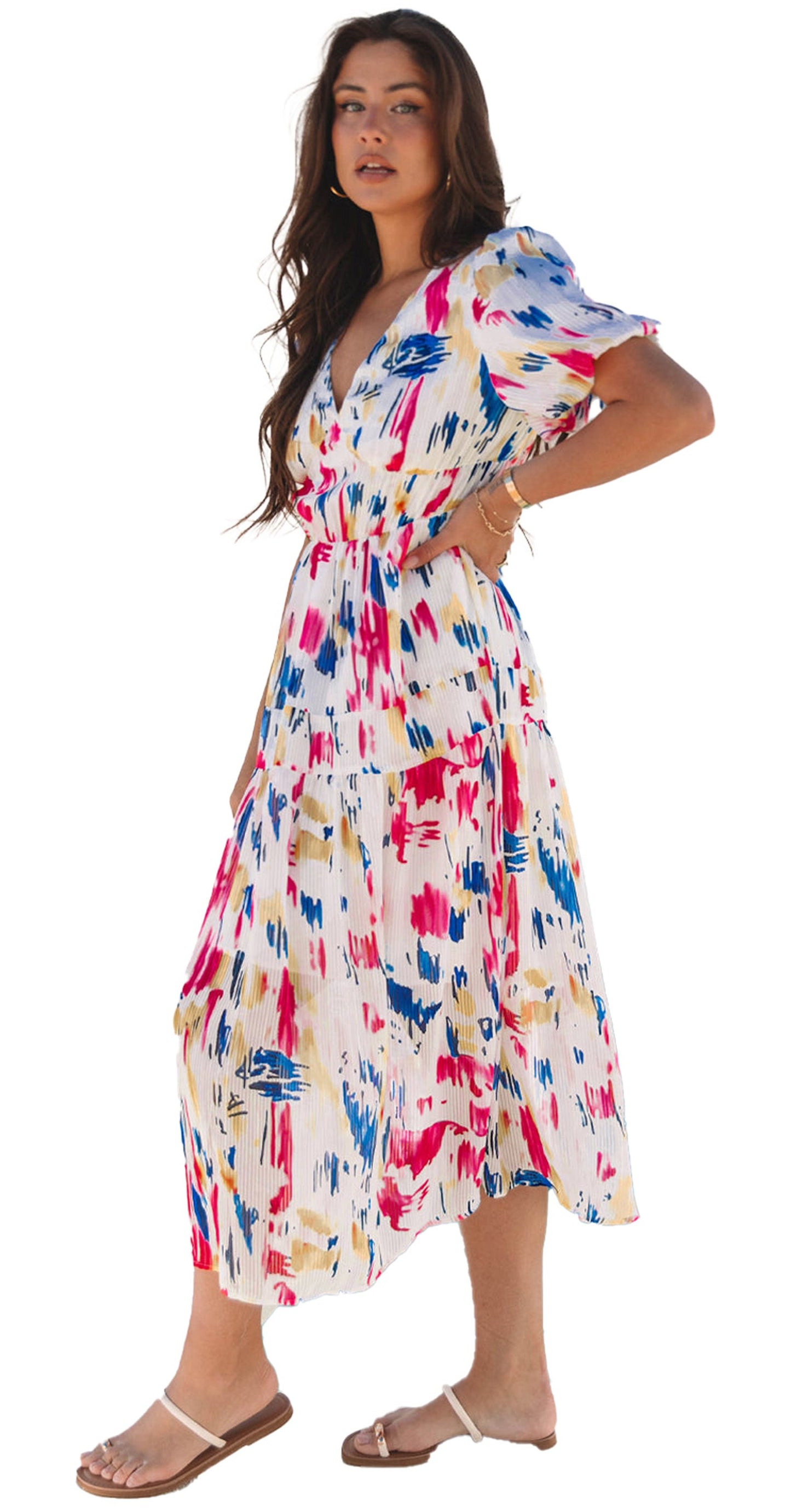 LuckeLadybug sky blue abstract maxi dress with colorful patterns and a flattering silhouette