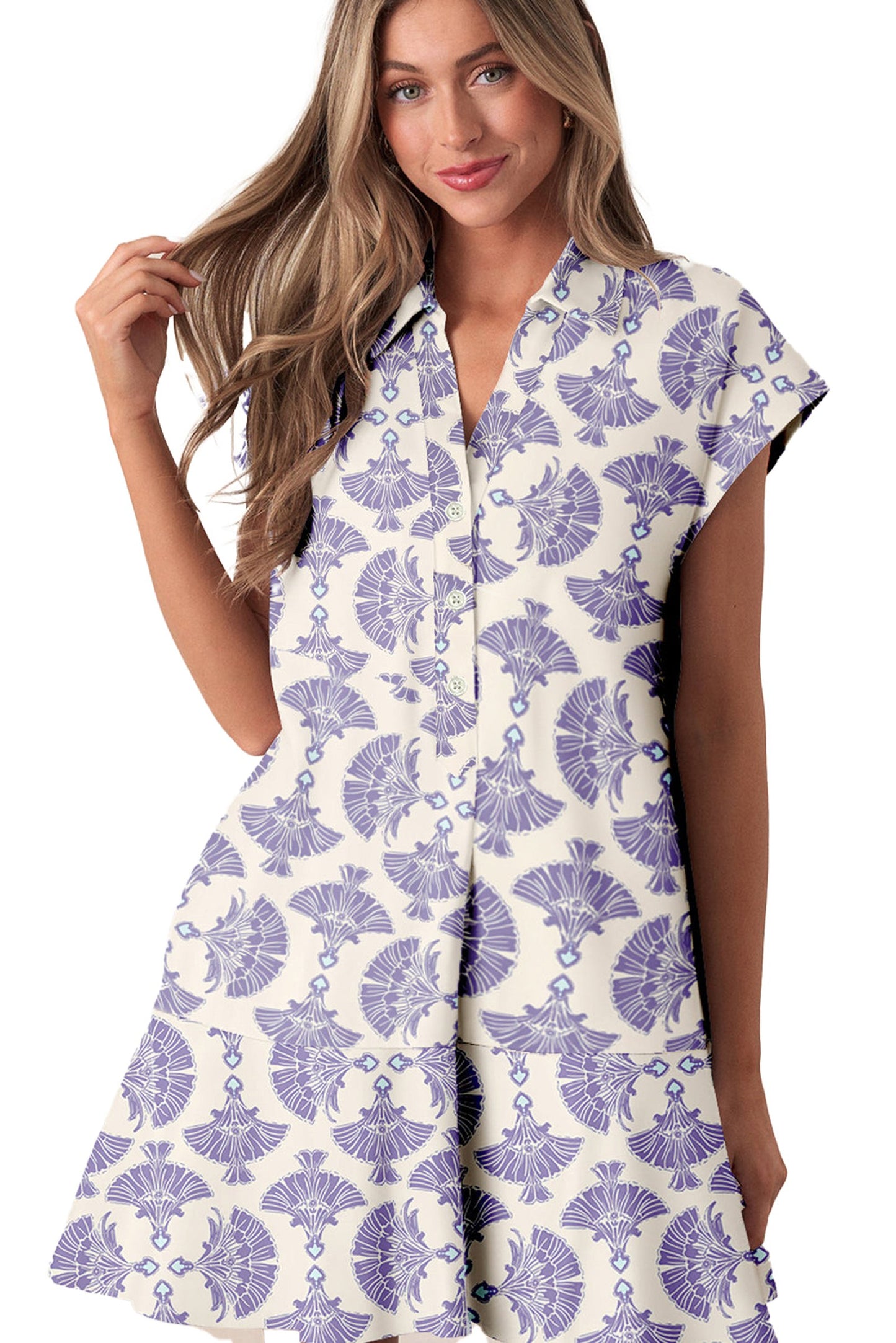 Elegant sky blue printed mini dress with a modern design, perfect for casual outings