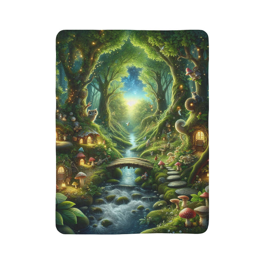 Soft fairy tale fleece throw by LuckeLadybug featuring an enchanted forest with glowing mushrooms and a flowing stream