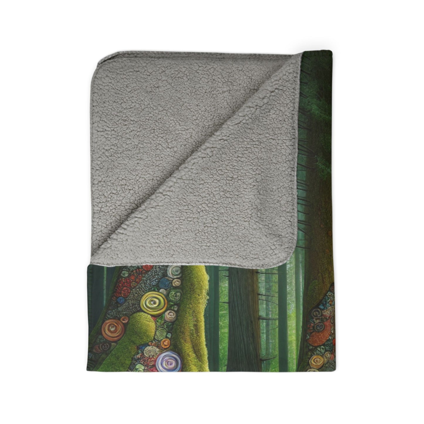 Soft sherpa blanket for bedroom decor featuring a forest design with colorful circular patterns and plush gray lining