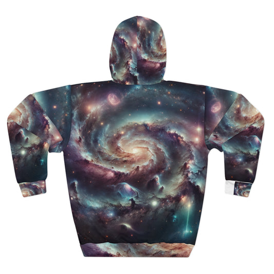 Space themed mens sweatshirt hoodie with vibrant galaxy swirl design by LuckeLadybug
