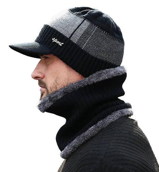 Men's winter beanie hat with scarf set in black and grey for warmth and style during cold weather