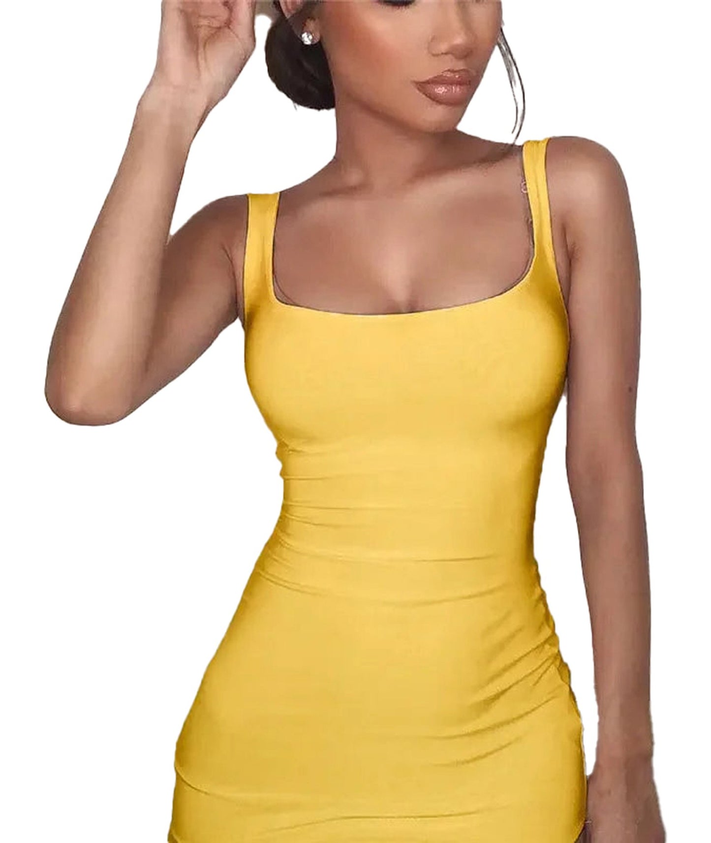 Yellow square neck bodycon mini dress with a fitted silhouette and sleeveless design