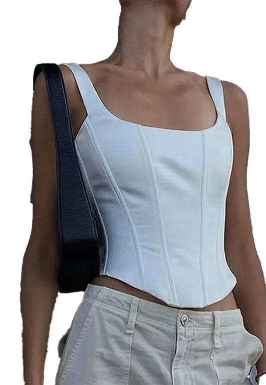 Stylish white square neck corset crop top with tailored design and adjustable straps