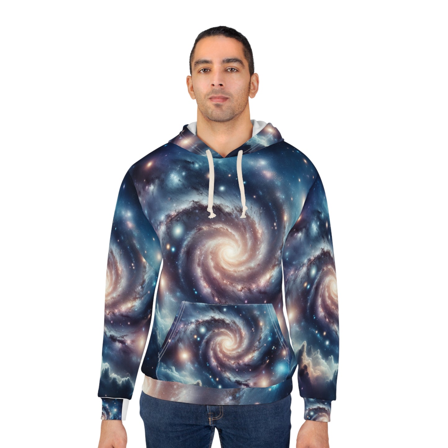 LuckeLadybug stargazing adventure hoodie with vibrant galaxy spiral design and front pocket
