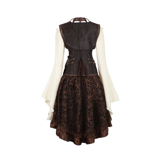 Back view of a steampunk corset dress for women with bell sleeves and intricate brown fabric details