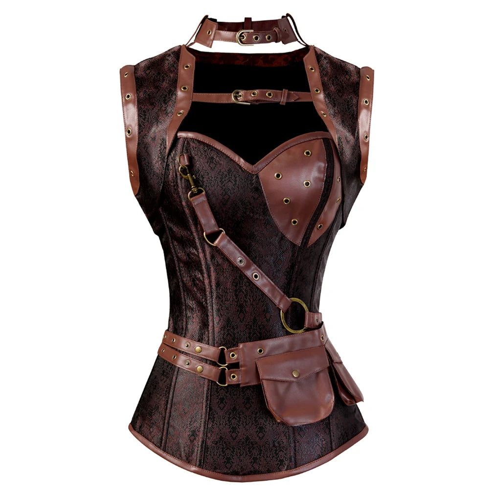 Unique steampunk corset dress for women with leather detailing and adjustable straps from LuckeLadybug LLC