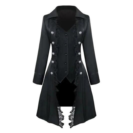 Elegant black steampunk gothic tailcoat for women featuring ruffled details and silver buttons