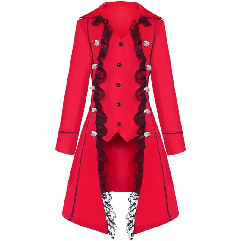 Stylish red steampunk gothic tailcoat for women with lace details and button closures