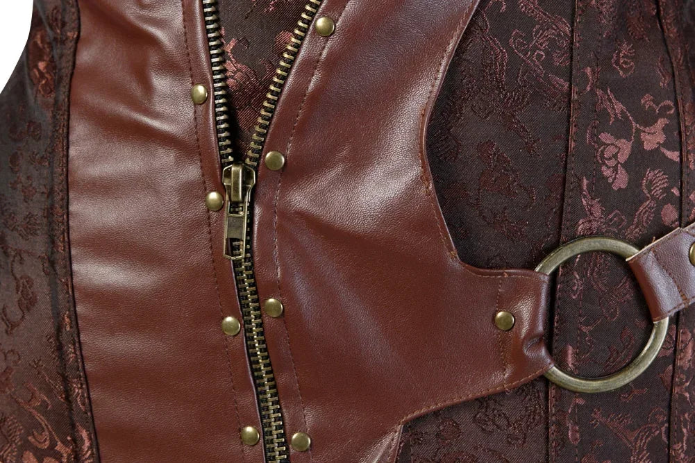 Detail of LuckeLadybug LLC steampunk overbust corset for women featuring intricate patterns and a zip closure