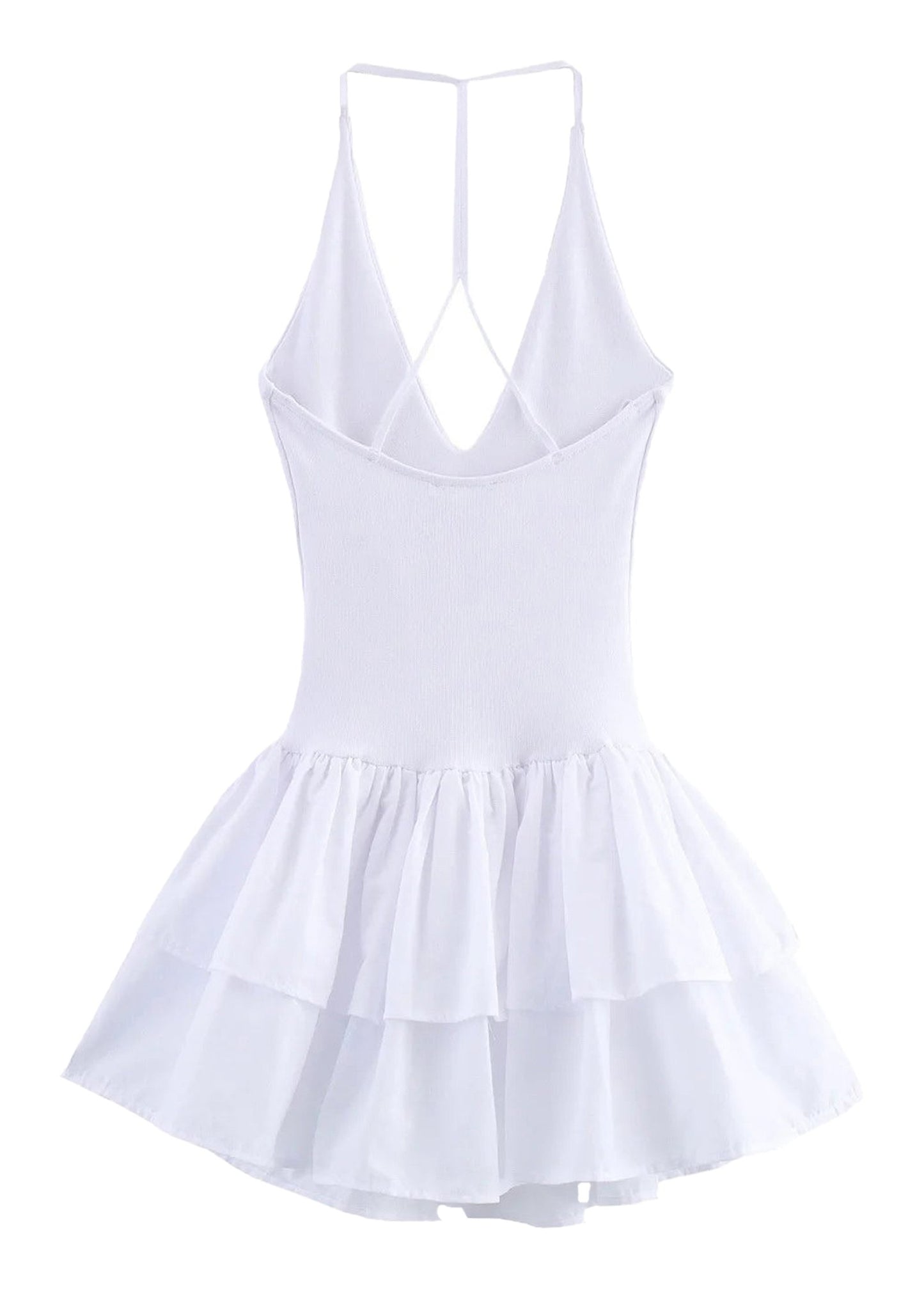 LuckeLadybug LLC Strapless party mini dress for women in white with layered ruffles and open back design