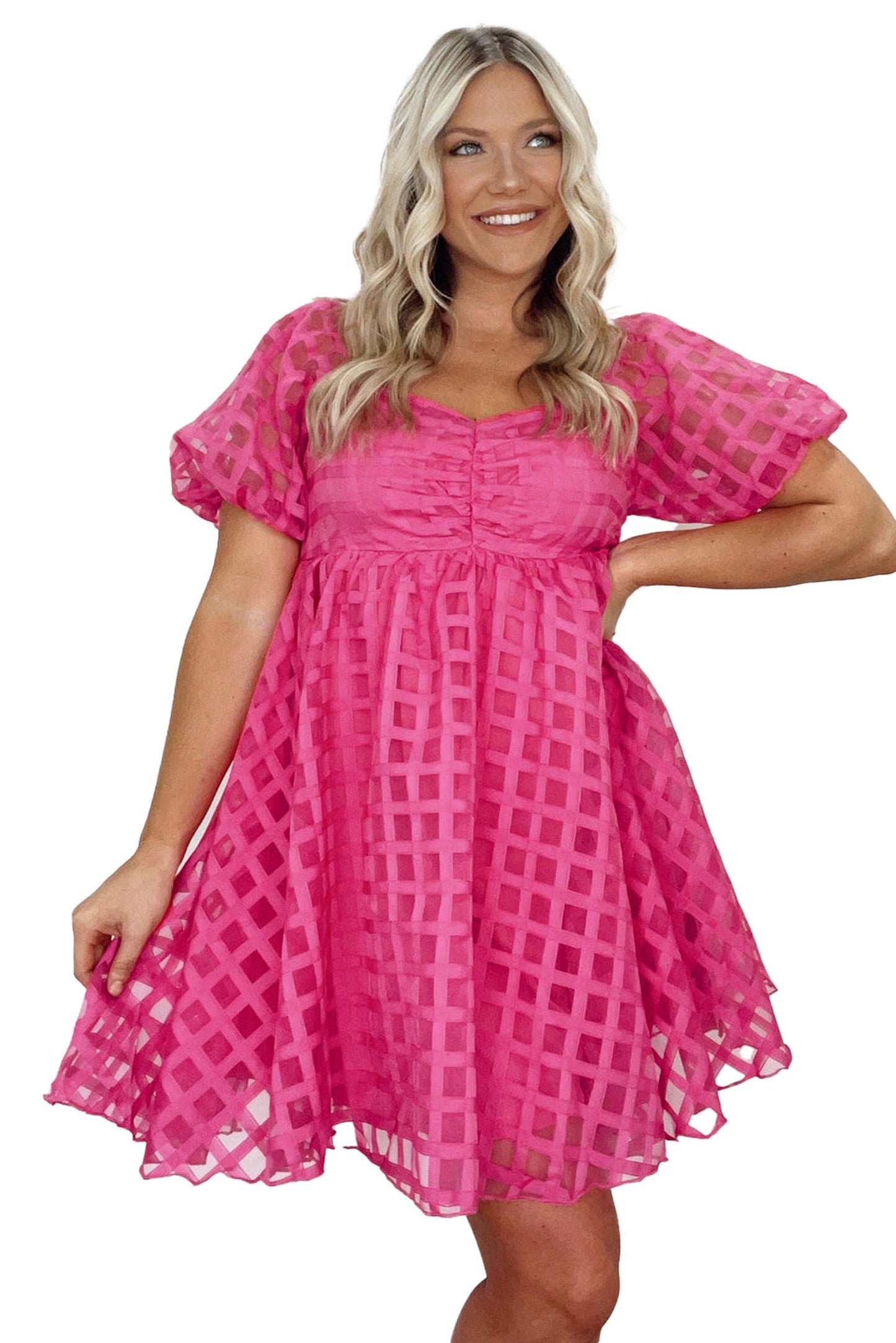 LuckeLadybug Strawberry Pink Babydoll Dress with Puff Sleeves and Flowy Design