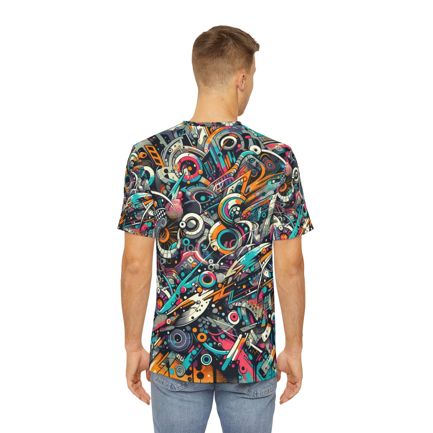 Back view of a man wearing a colorful street art graphic tee by LuckeLadybug with abstract urban design