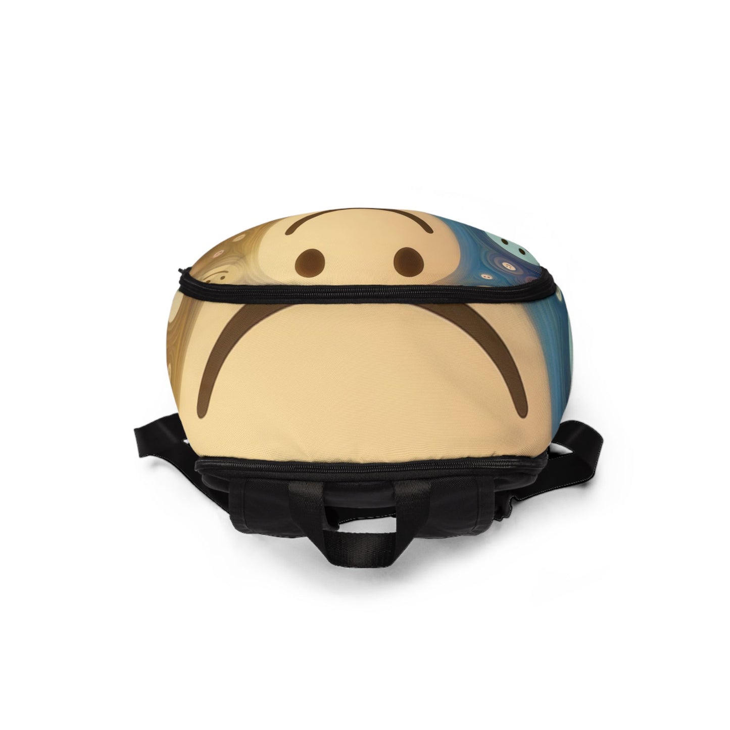 LuckeLadybug stylish school backpack for teens with a unique abstract face design and black straps