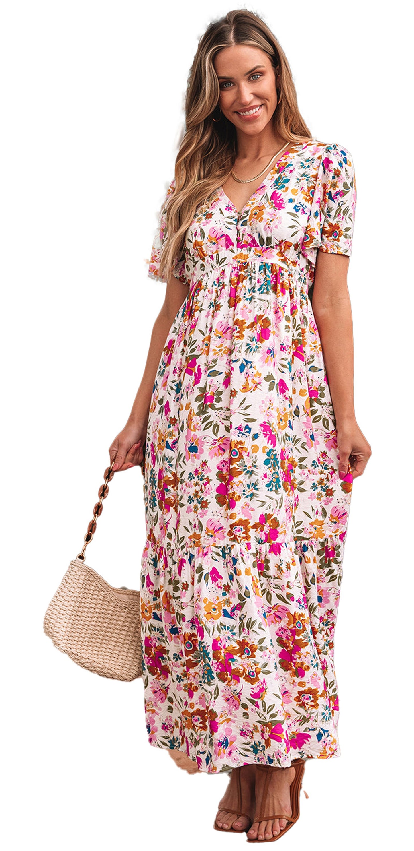 LuckeLadybug red floral maxi dress with V neck short puff sleeves empire waist model holding straw bag