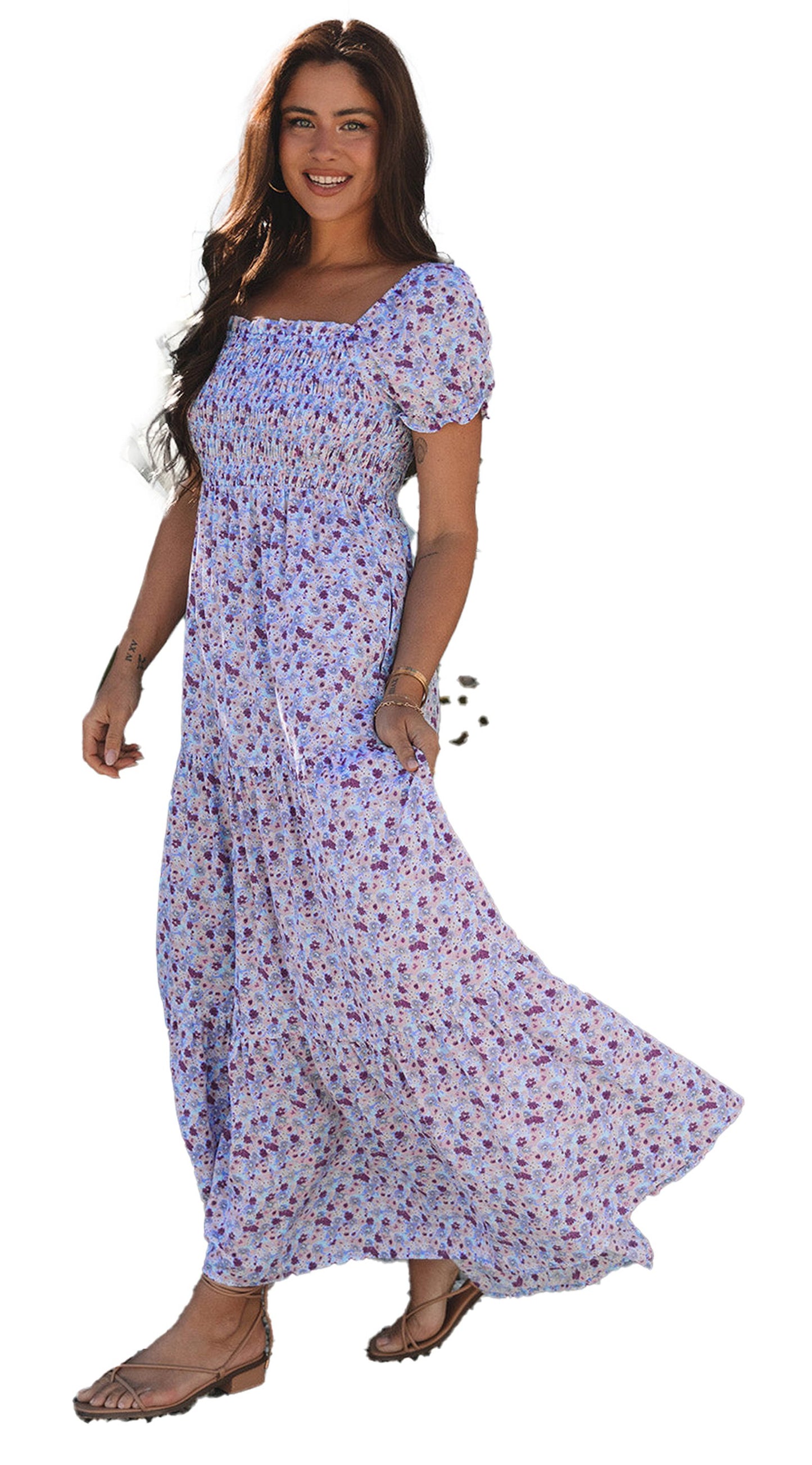 LuckeLadybug model wearing purple floral maxi dress with smocked bodice square neckline and puff sleeves