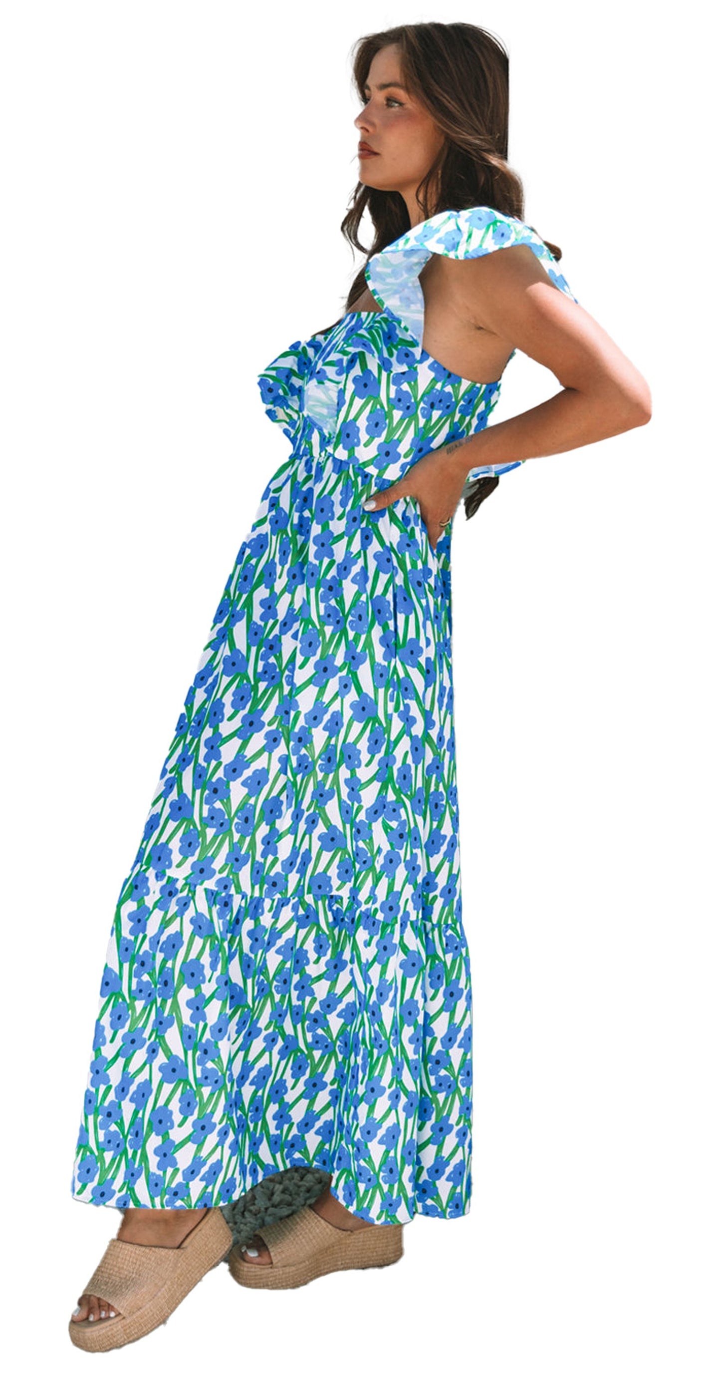 LuckeLadybug pink floral maxi dress shown in alternate blue green floral print with ruffle sleeve and tie waist on model