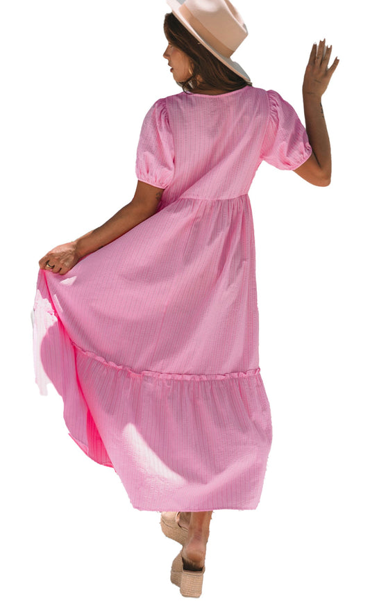 LuckeLadybug A Line pink stripe maxi dress with puff sleeves tiered skirt ideal for summer