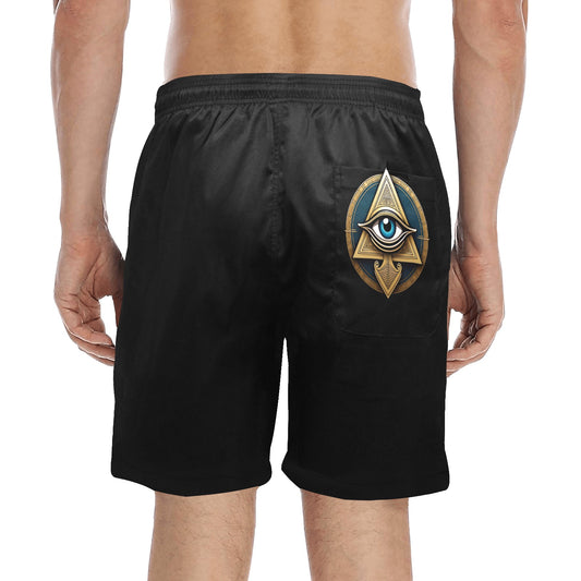 Inkedjoy black swim shorts with Eye of Horus mens beach shorts design on back pocket for beachwear