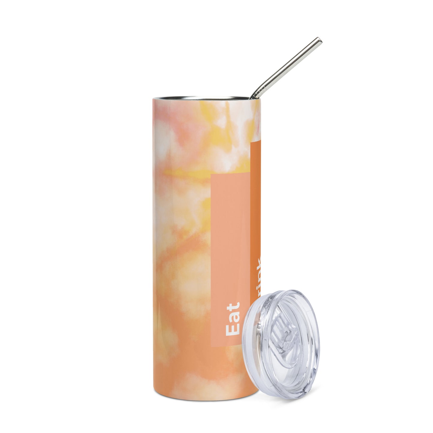 LuckeLadybug tie dye stainless steel tumbler with metal straw and clear lid in peach and yellow colors