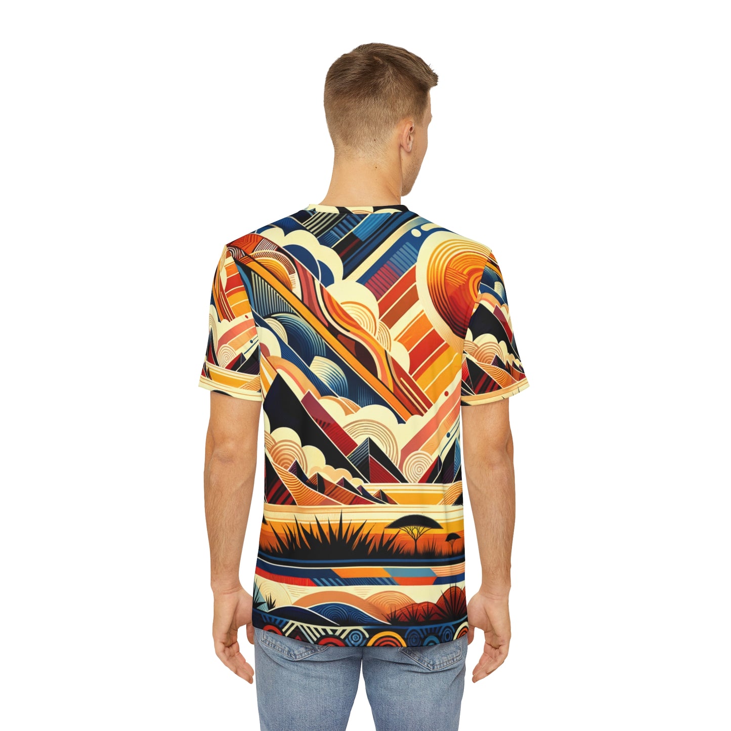Back view of a trendy African style shirt for men with vibrant geometric and sunset patterns