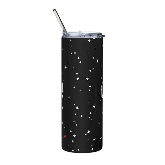 LuckeLadybug black stainless steel trendy insulated tumbler cup with white star pattern and clear lid with metal straw