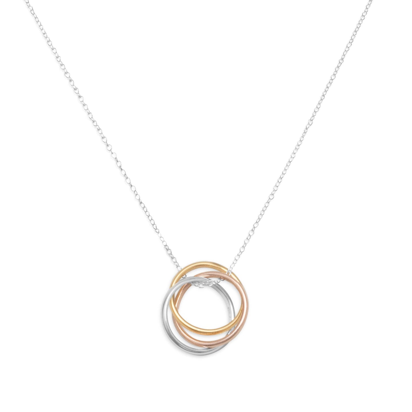 Tri tone ring necklace featuring overlapping gold, silver, and rose gold rings on a silver chain