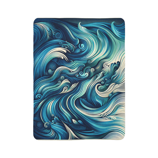 LuckeLadybug Sherpa Blanket with blue and teal swirling wave design ultra-cozy throw blanket