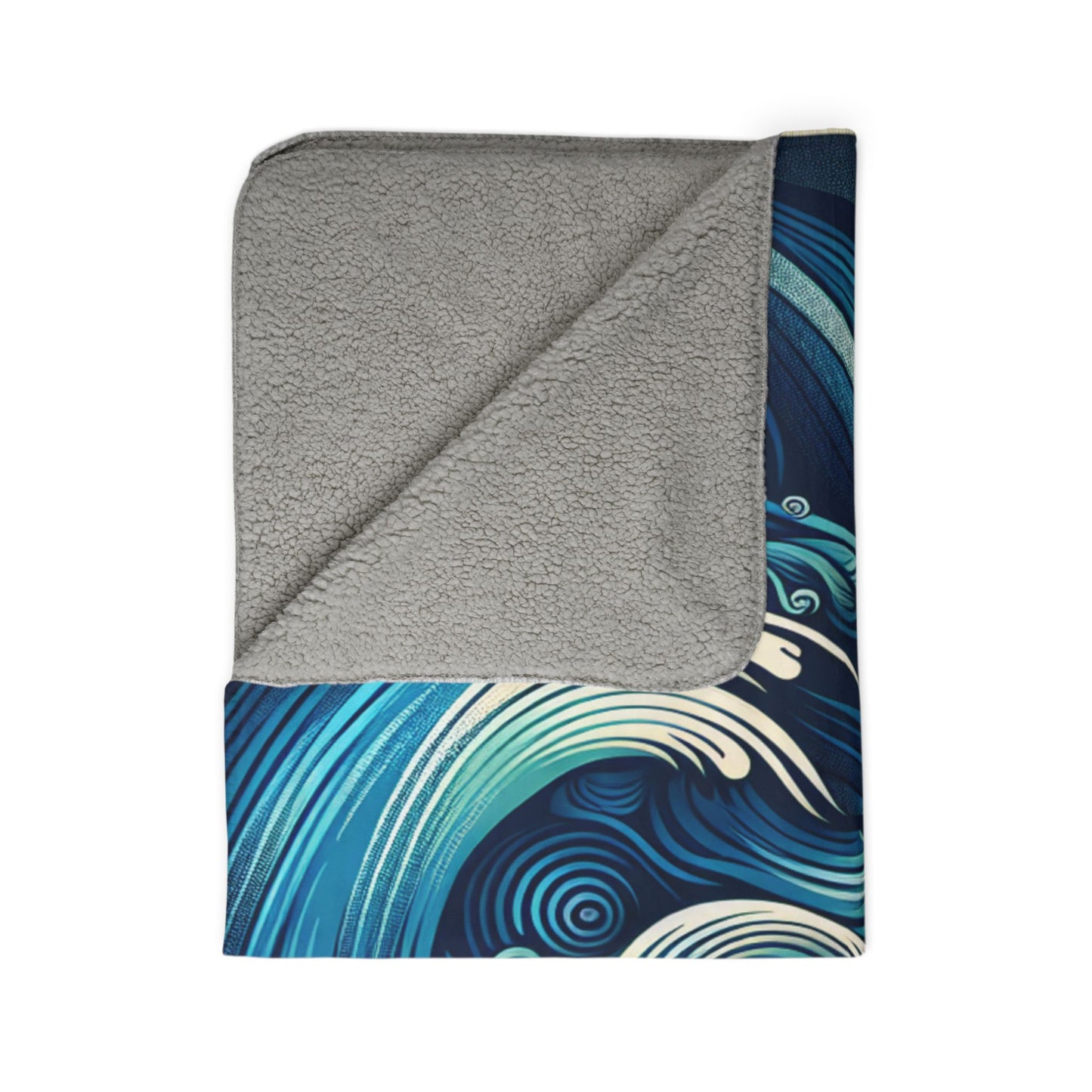 LuckeLadybug sherpa blanket with grey fleece and blue wave pattern ultra-cozy throw blanket