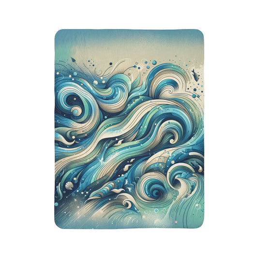 ultra soft abstract sherpa blanket with blue and beige swirling wave design