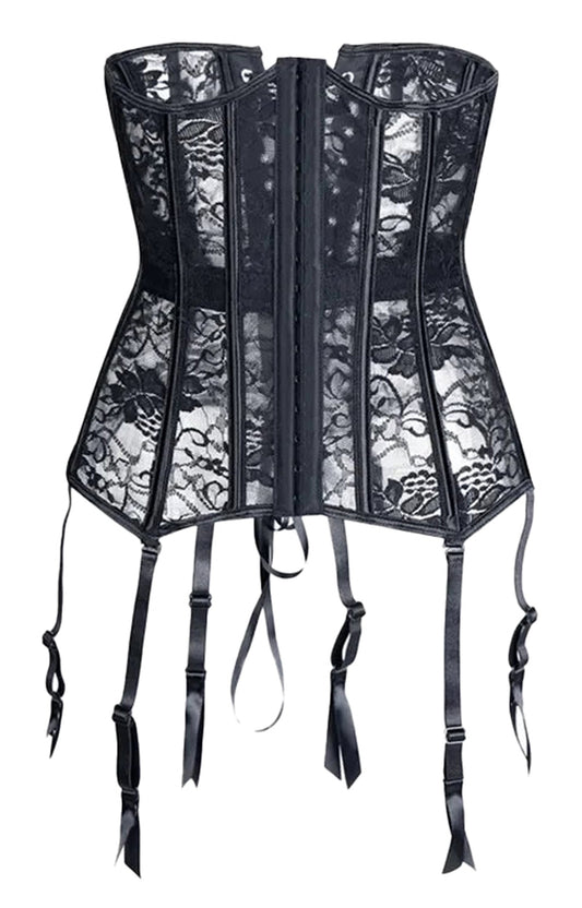 Elegant black lace underbust corset for women with adjustable garters and a stylish design