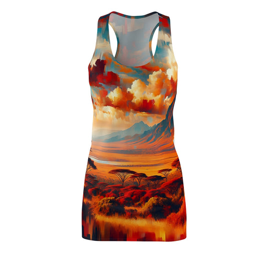 racerback dress featuring a unique African style dress for women with vibrant sunset landscape design