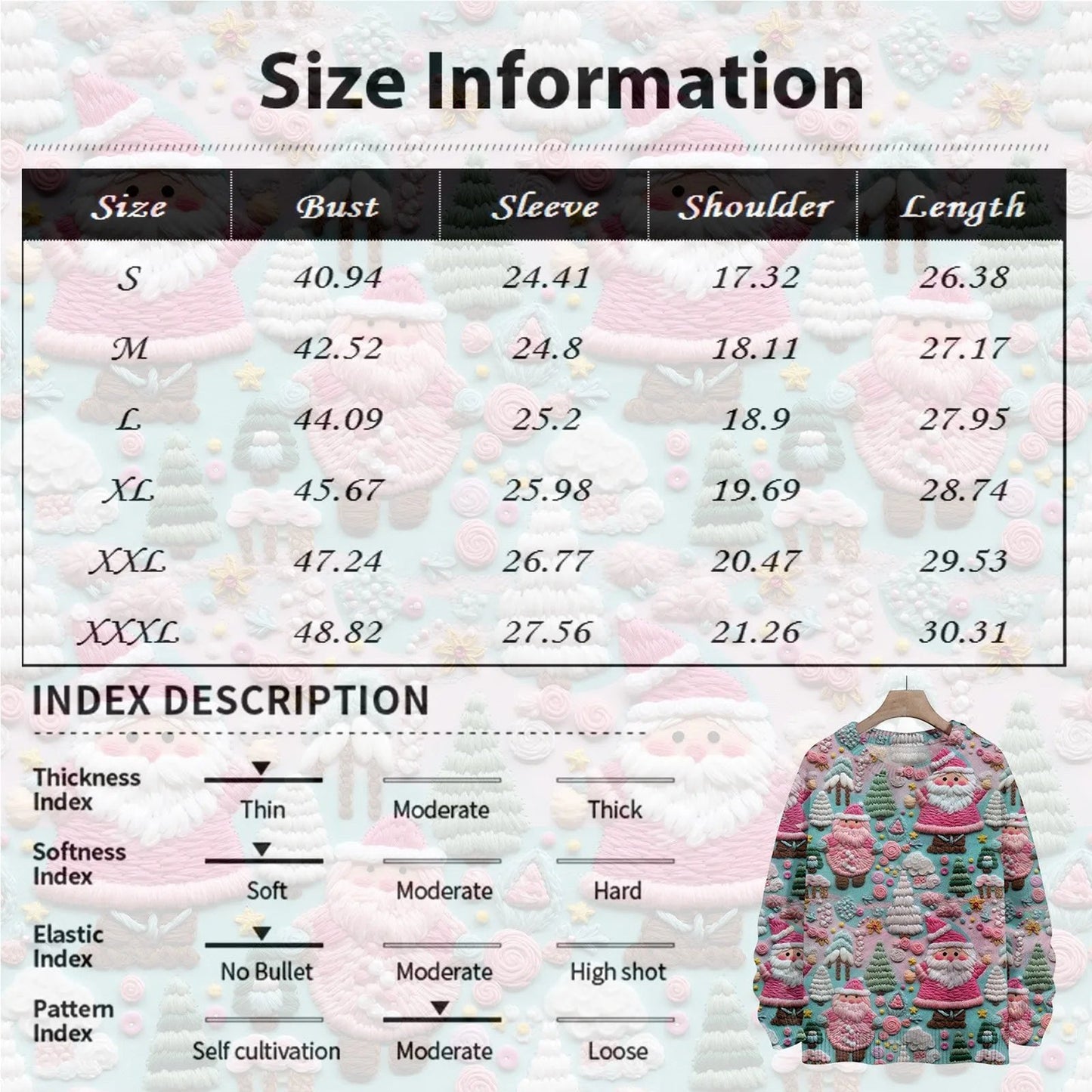 Size chart for a unique Christmas pullover for women showing bust, sleeve, shoulder, and length measurements